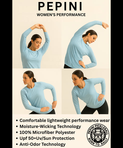 Woman wearing a light blue long-sleeve shirt with PEPIINI branding, showcasing comfort and performance features.